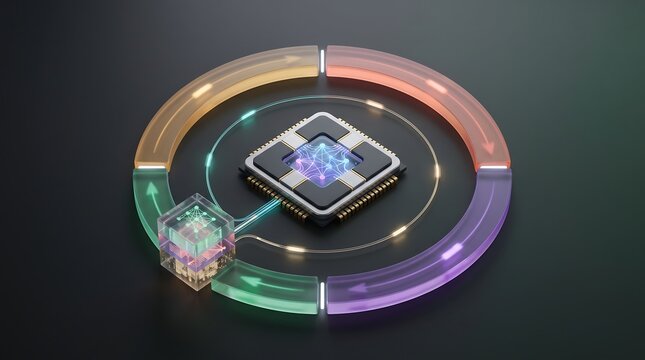 Glowing Data Processor Microchip Integrating With Colorful Circular Network Loop