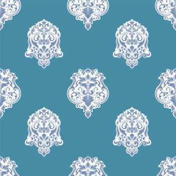 Damask wallpaper background, blue tones, vintage elements.
