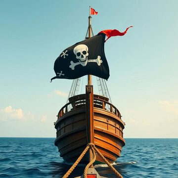 Pirate ship's stern with Jolly Roger flag flying high, vector illustration, pirate