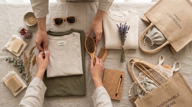 Flat lay of sustainable fashion clothing, eco friendly accessories, natural fabrics and reusable bags promoting green lifestyle choices.