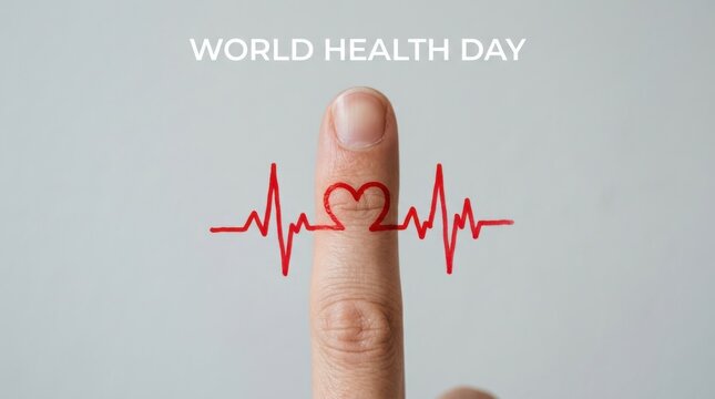 World health day concept with a human finger featuring a red heartshaped heartbeat line isolated on white background