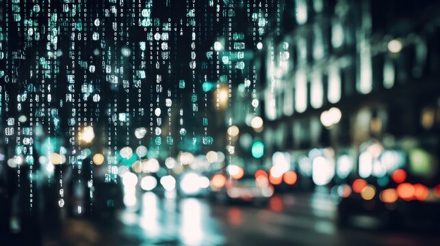 City street at night with blurred lights and falling code-like symbols