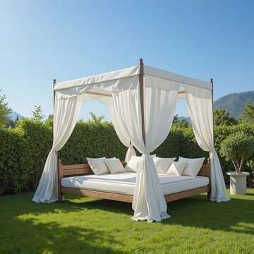 outdoor lounge daybed with crisp white canopy curtains, blowing gently in the wind under a sunny sky