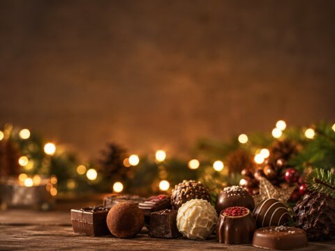 Holiday chocolates with warm bokeh lights on wooden table