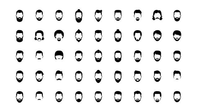 Heads with Various Hairstyles and Beards in Black and White Vector Illustration Featuring Men, Faces, Facial with Hair and Beard