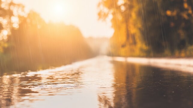 Sunset rain on a quiet road with reflections in puddles and trees lining the path