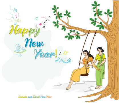 Sinhala and Tamil New Year games, swinging, drumming, background design. Sri Lankan Happy New Year. Vector illustration