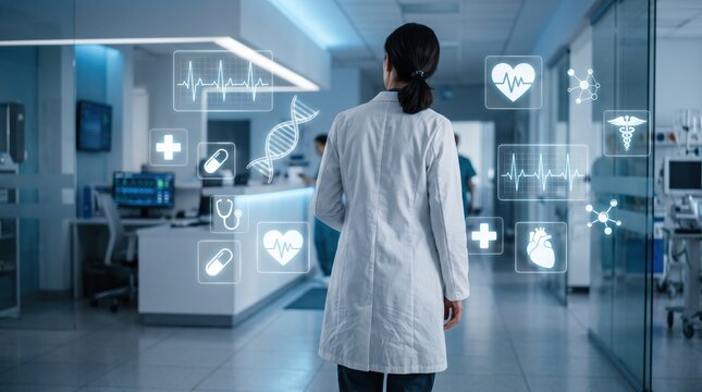 Female doctor walking in hospital corridor, futuristic medical icons floating around, digital healthcare technology, modern medicine and science innovation, professional physician