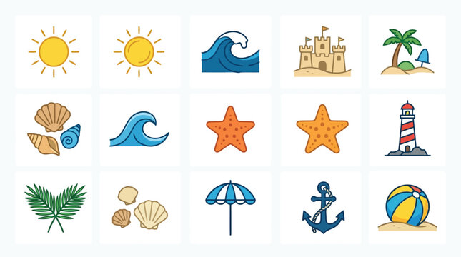 Colorful beach and travel icons set
