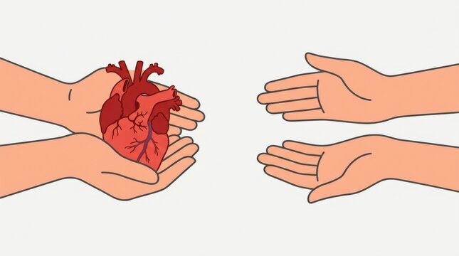 Illustration of hands offering a realistic anatomical heart to another pair of hands