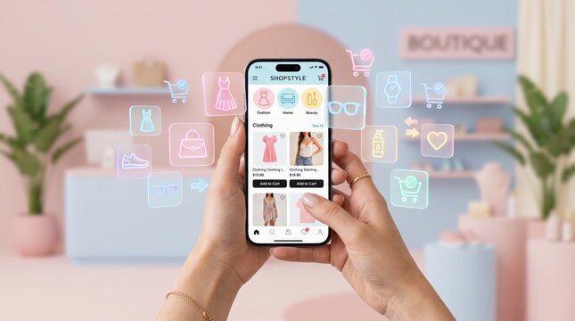 Smartphone displaying online shopping app interface with fashion boutique items, virtual e-commerce experience, mobile retail technology, clothing and accessories store