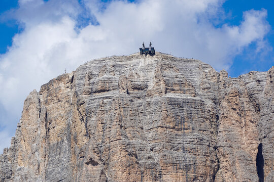 Sass Pordoi cable car in the Dolomites, premium alpine travel and mountain transport background