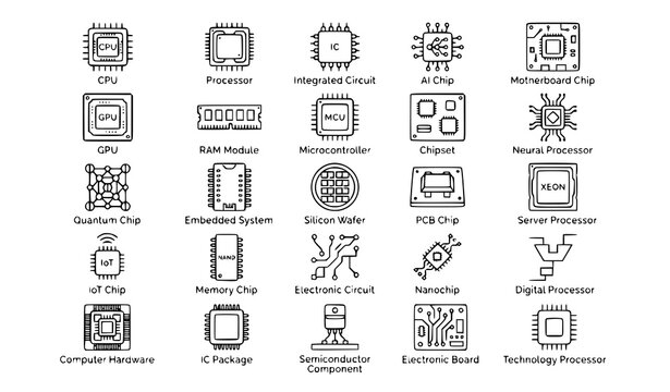 Microchip Icon Set Minimal Outline Technology Processor Vector Collection