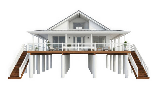 Modern stilt house with wooden deck isolated on transparent background