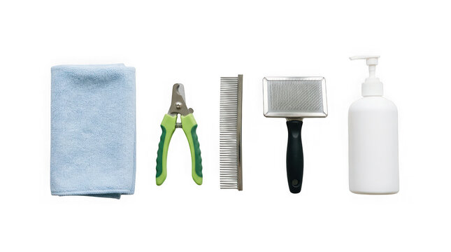 Pet grooming tools including a towel, nail clippers, comb, slicker brush, and shampoo bottle isolated on transparent background