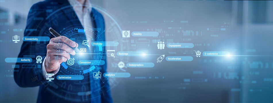 Marketer point of SEO concept. Strategic keyword optimization improves search engine visibility. Effective SEO techniques drive organic traffic and boost website rankings in the market.