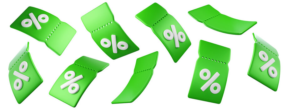 3D flying green discount coupon tickets with percent sign in multiple angles, isolated on background. Modern sale promo set for marketing, promotion, sales, ecommerce banners. 3d render
