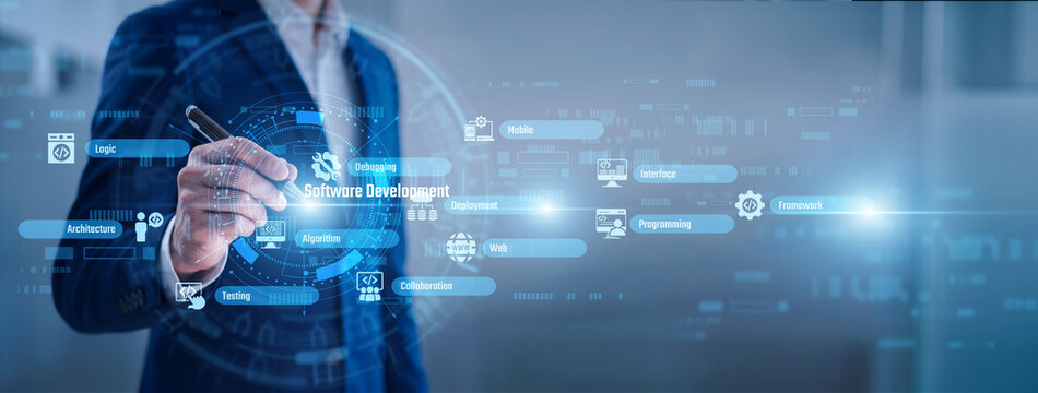 Coder point of Software Development concept. Writing clean code enables digital application growth. Software Development cycles focus on agile methodologies to deliver high-quality apps.