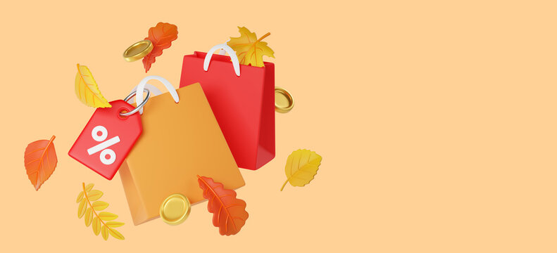Autumn shopping sale horizontal banner with paper bags, discount percent tag, and leaves. Seasonal retail illustration for Black Friday, Thanksgiving sale, autumn. 
