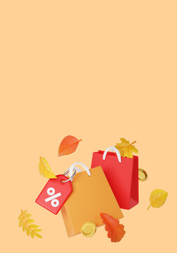 Autumn shopping sale vertical banner with paper bags, discount percent tag, and leaves. Seasonal retail illustration for Black Friday, Thanksgiving sale, autumn. 
