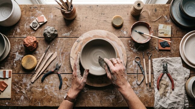 Potter's hands shaping clay bowl on pottery wheel, artisan crafting ceramics, traditional craftsmanship, creative process, handmade artistry, studio workspace, tools and materials