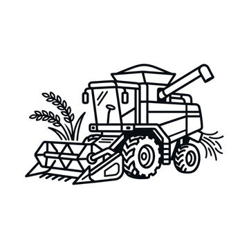 Black and white line art of a combine harvester in a field.