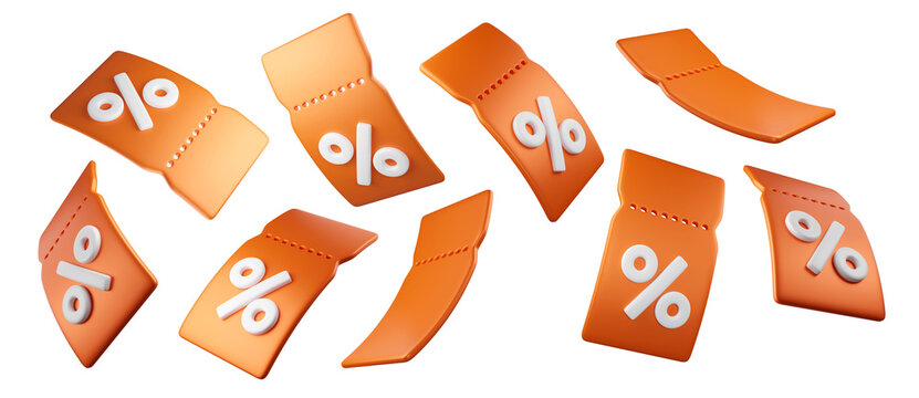 3D flying orange discount coupon tickets with percent sign in multiple angles, isolated on background. Modern sale promo set for marketing, promotion, sales, ecommerce banners. 3d render
