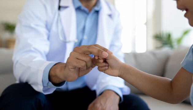 Pediatrician and a young patient sharing a comforting moment with a pinky swear to build trust and ease anxiety during a medical visit