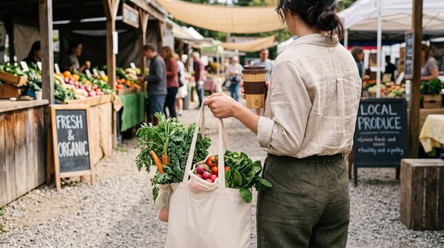 Sustainable living moment, woman holding reusable coffee cup and canvas tote overflowing with leafy greens and root vegetables at outdoor farmers market, eco-conscious consumer