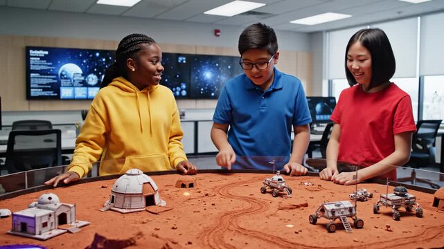 A diverse group of curious middle school students collaborates on a complex science project involving a miniature planetary surface model while learning about aerospace exploration in their