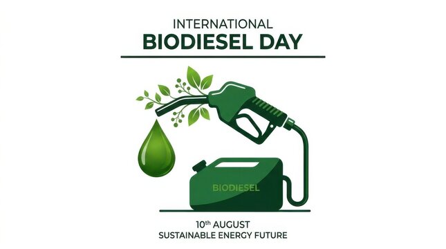 International biodiesel day banner vector illustration with green fuel nozzle, eco leaves, and biofuel container on white background