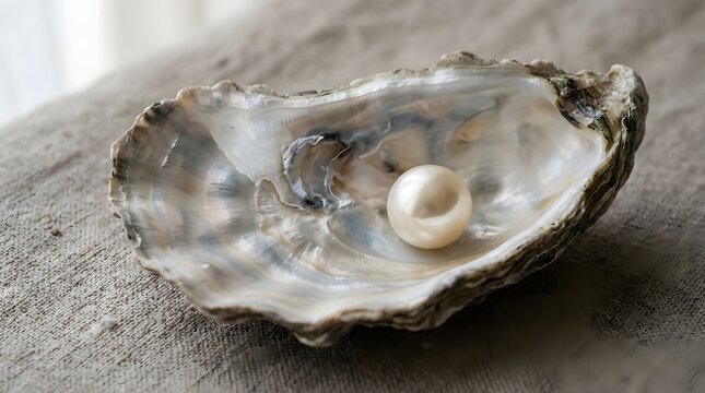 Close-up shot of a pristine shiny pearl inside a natural oyster shell on linen texture