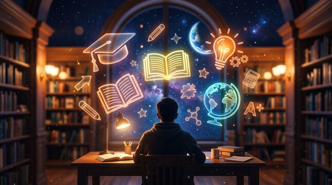 Student sitting at desk in library studying with magical neon glowing education icons like books globe lightbulb graduation cap floating in front of starry night window.
