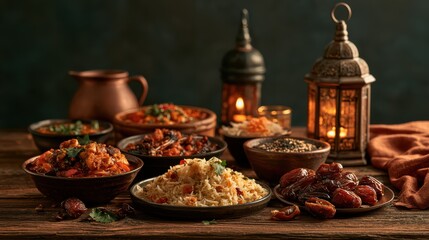 Naklejka premium A rich spread of traditional Middle Eastern dishes including rice, stews, and dates, beautifully presented with warm lighting and decorative lanterns.