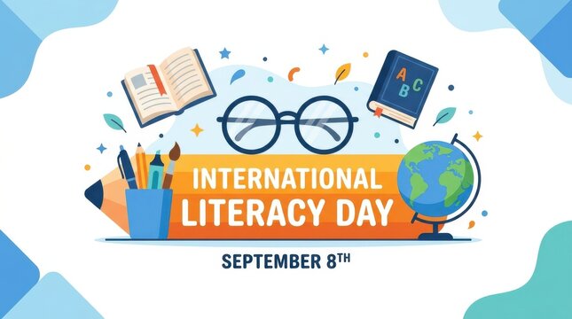 International literacy day vector banner with giant pencil, books, glasses, globe, and september 8th text