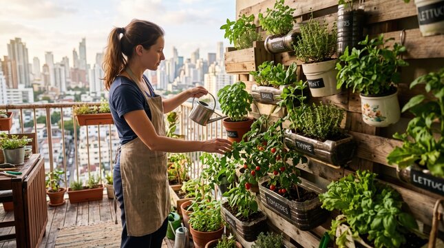 Woman watering organic herbs and vegetables in a vertical garden on a city apartment balcony with skyscrapers, sustainable urban farming, home gardening hobby lifestyle.