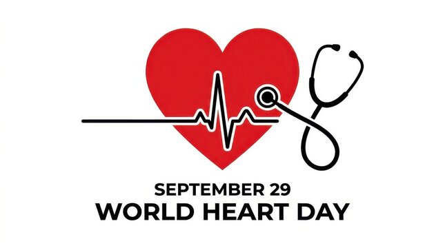 World heart day september 29 graphic with red heart, heartbeat line, and stethoscope isolated on white background