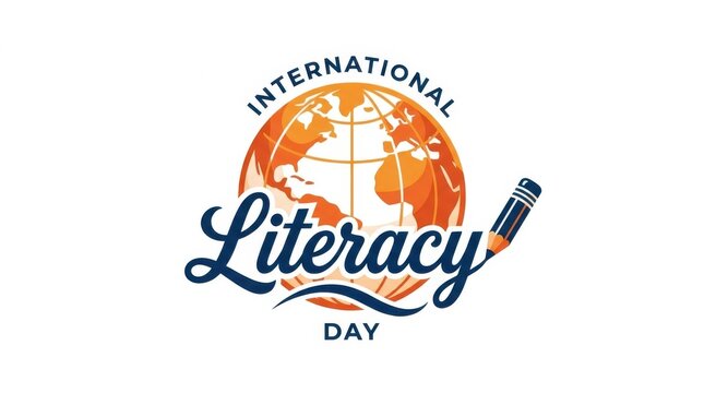 International literacy day logo design with orange globe world and pencil