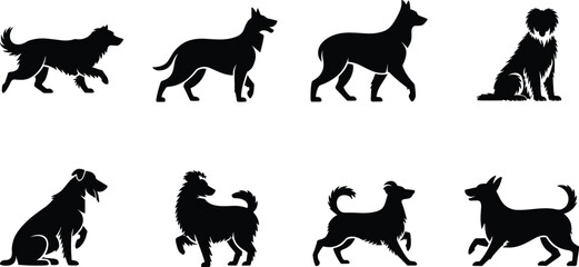 Obraz premium Set of diverse dog breed silhouettes vector icons featuring standing sitting running and walking canine poses