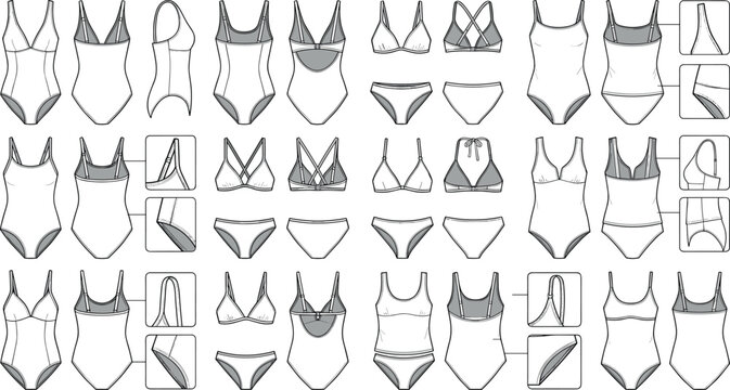 Women Swimwear Technical Flat Sketch Set with Front Back Views One Piece Swimsuits Bikinis and Tankinis CAD Vector Templates for Apparel Tech Packs