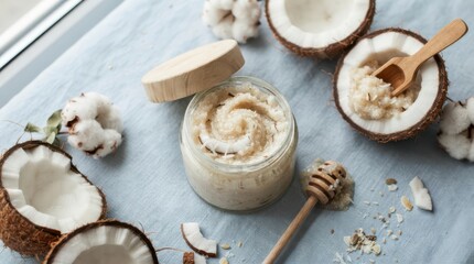 Fototapeta premium Natural coconut body scrub in a glass jar with wooden lid, coconut pieces, and cotton flowers on a light blue fabric background