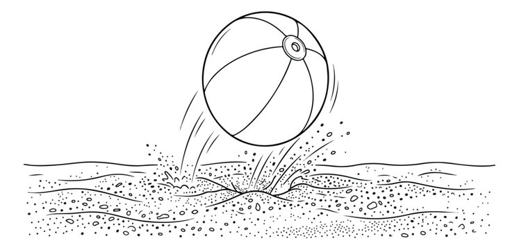 Minimalist beach ball line art vector, inflatable toy bouncing on sand with motion lines, summer vacation coloring page illustration