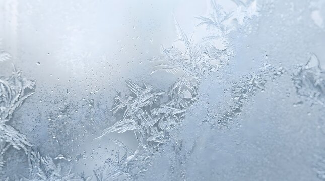 Abstract frozen surface with soft frost patterns covering glass, creating a minimal winter background with smooth gradients and icy details.