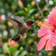 Fototapeta premium A male Ruby-throated Hummingbird with iridescent green feathers and a vibrant red throat hovering to feed on the nectar of a large, bright pink hibiscus flower in a lush garden.