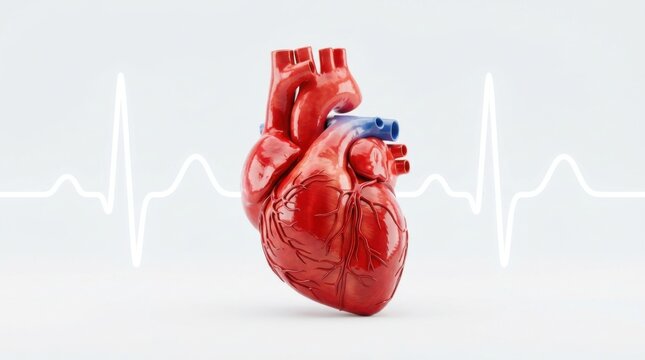 Realistic 3d human heart model with ekg line isolated on white background