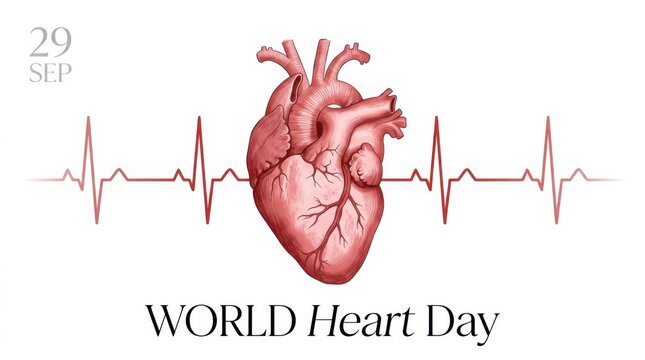 World heart day concept with anatomical heart illustration and ekg line