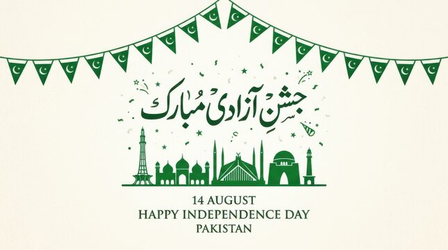Pakistan independence day greeting banner with urdu calligraphy jashn e azadi mubarak flag buntings and skyline silhouette