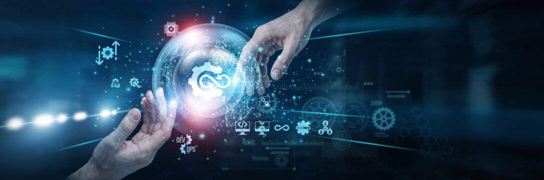 Engineer Hands of human touching on devops network connection, continuous integration deployment automation monitoring systems enabling fast development and delivery. agile operations flow.
