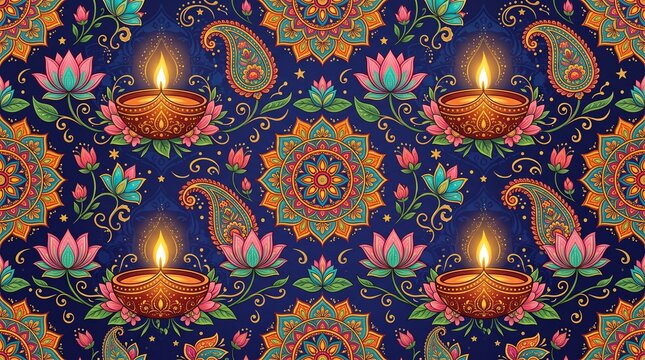 Diwali pattern with glowing diya lamps lotus flowers and mandalas