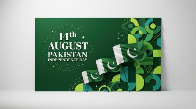 Pakistan independence day 14 august banner with waving flags and geometric green patterns